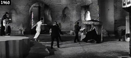 Federico Fellini ricostruisce un locale notturno della “Dolce vita” negli ambienti delle Terme di Caracalla, dove Marcello Mastroianni e Anita Ekberg ballano sulle note di Adriano Celentano (www.davinotti.com)