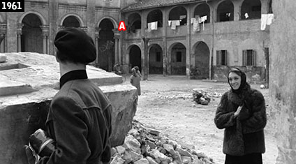 Jacques Charrier e l’attrice torinese Franca Nuti in azione presso l’ex monastero vercellese di Santa Chiara in “Tiro al piccione” (www.davinotti.com)